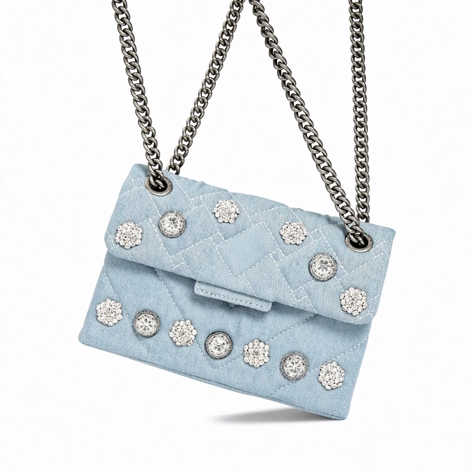 Denim Quilted Flap Crossbody Bag Women Sparkly Rhinestone Decor Chain Shoulder Purse Light Blue Small Handbag For Party Daily