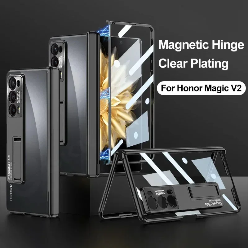 

Luxury Plating Transparent Case for Honor Magic V2 Magnetic Hinge Outer Screen Glass Stand Case for Magic V2 Kickstand Cover