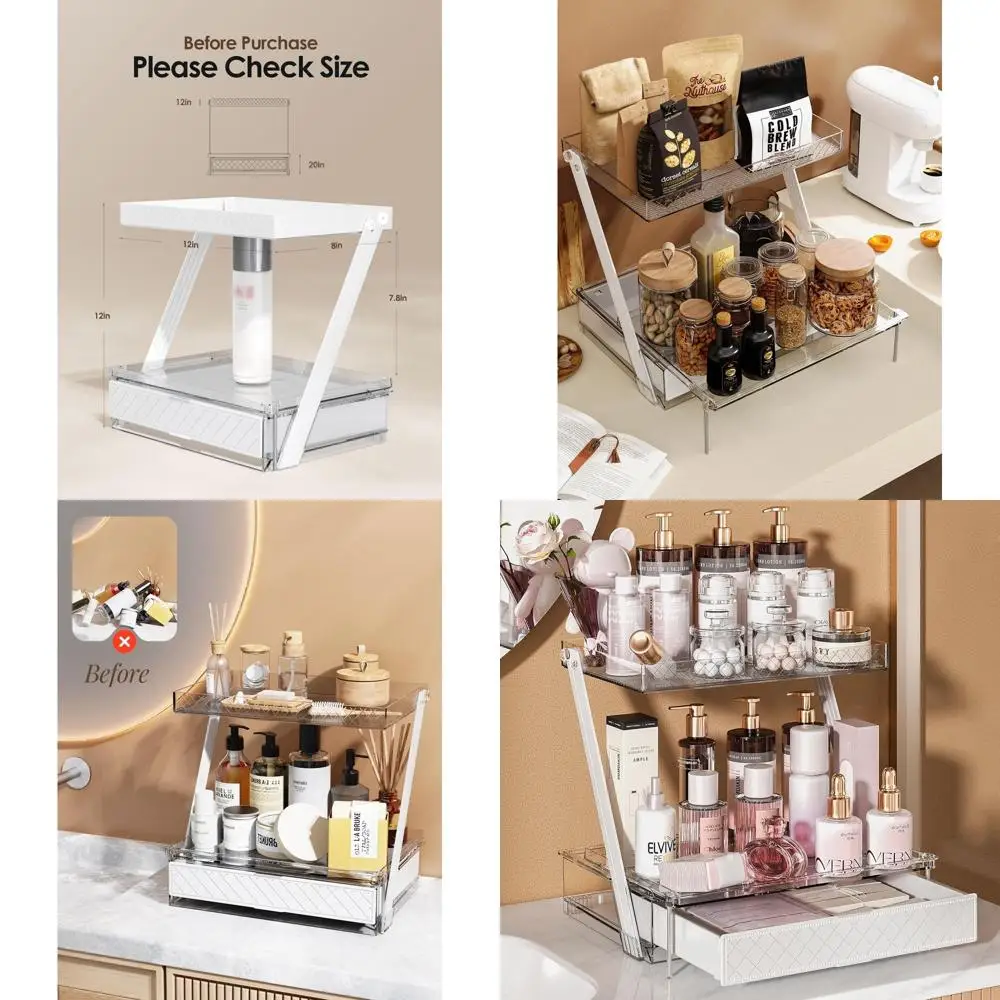 

2-Tier Acrylic Vanity Organizer with Sliding Tray & Drawer for Makeup, Skincare, and Perfume Storage