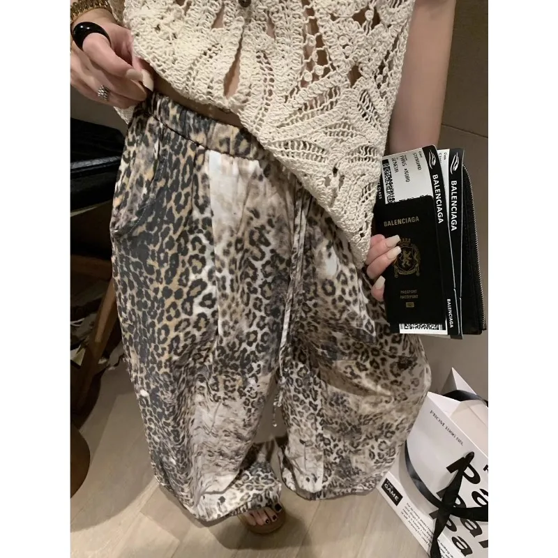 Lazy and Relaxing Smudged Leopard Print Wide Leg Pants for Women 2025 New Loose Elastic Waist Casual Pants