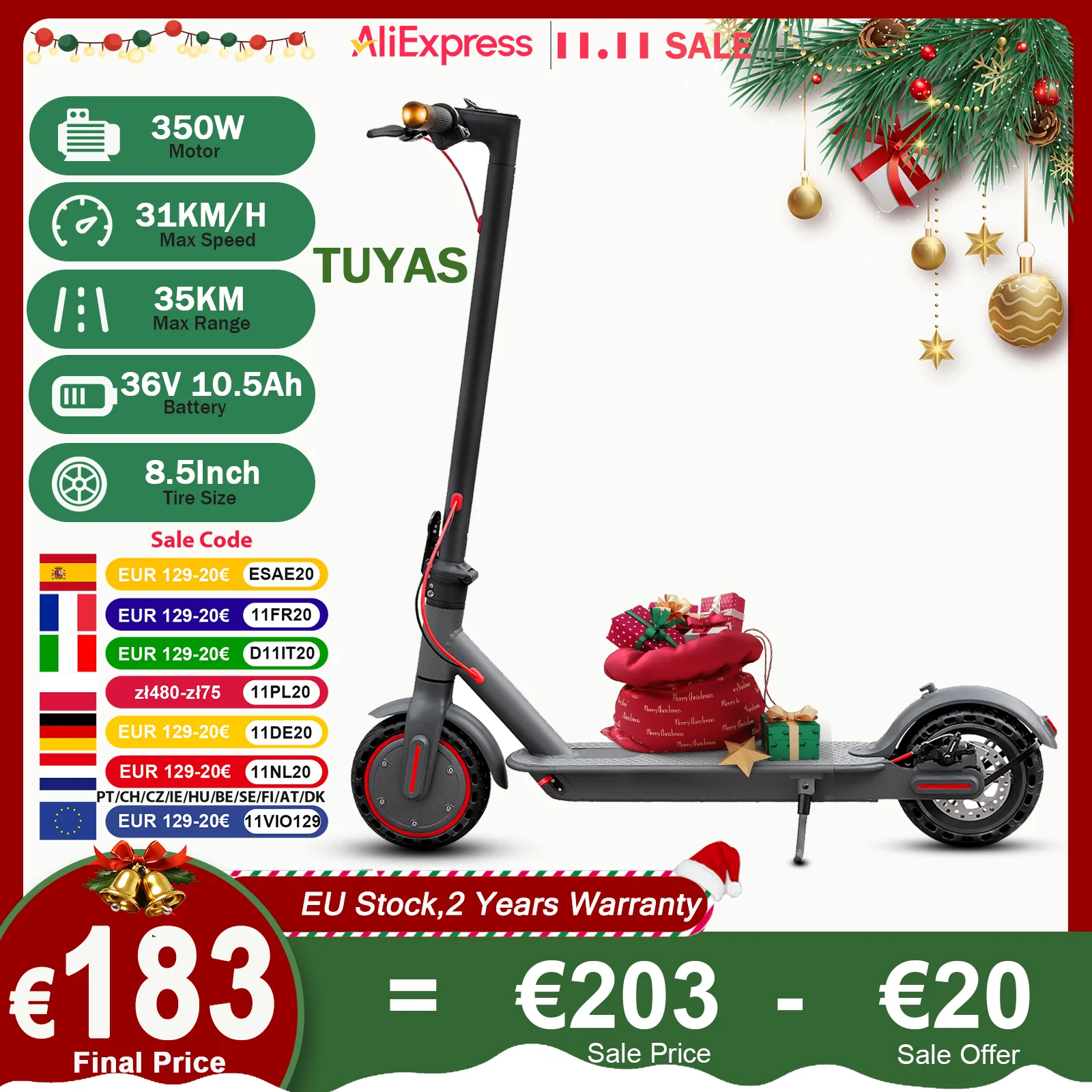 JUICEASE TUYAS Electric Scooter 36V 10.5AH Large Capacity Battery 25KM Range 31KM/H with Turning Lights Smart APP Kick EScooter