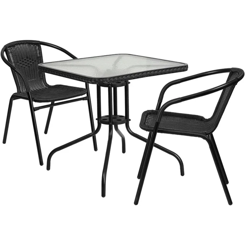 Square Glass Metal Table with Rattan Edging Chairs