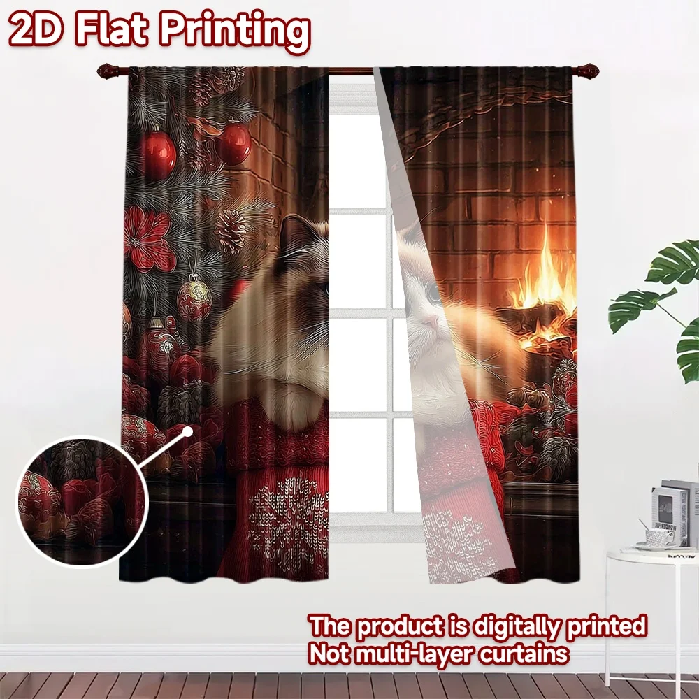 2D flat 2pcs Curtain Modern Minimalist Style Curtains Christmas Cat by Fireplace Digitally printed polyester Family Party