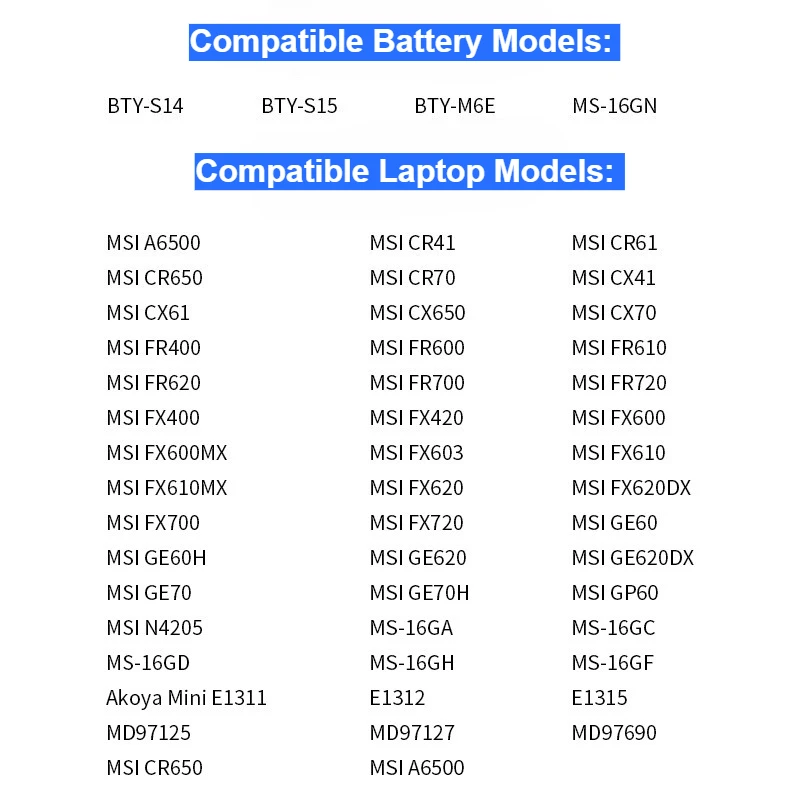 New 6 Cell BTY-S14 Laptop Battery for MSI GE60 GE70 Series CR41 CX61 CR70  BTY-S15 CR650 FR700 FR600 MS-16 for MSI A6500 CR650