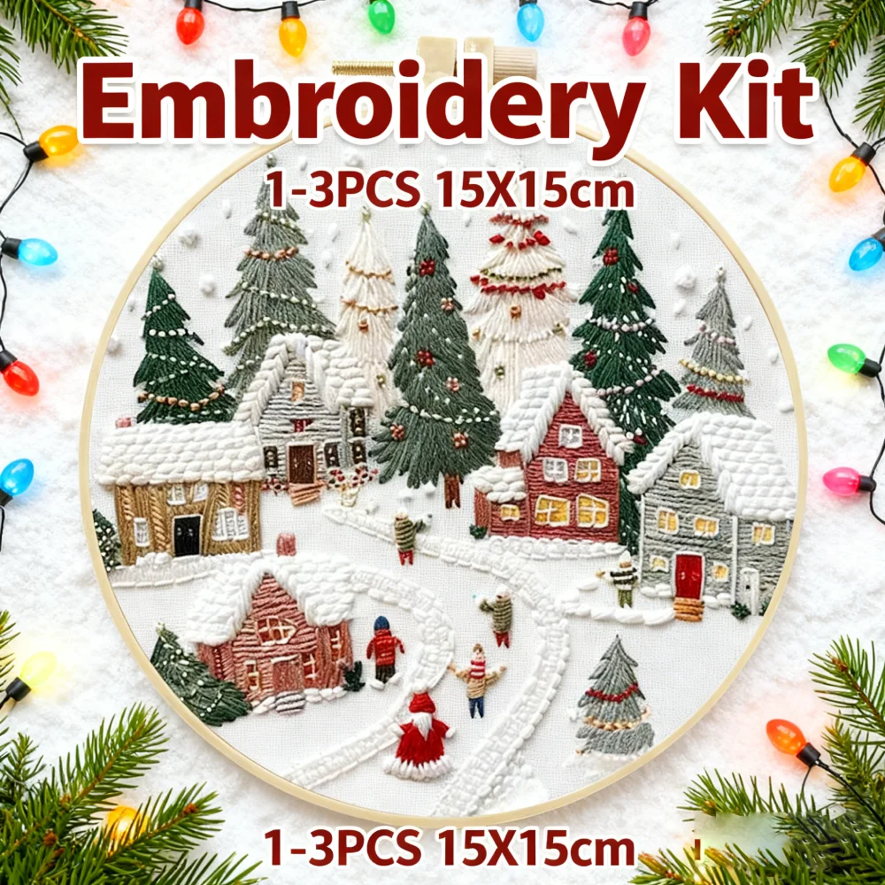 

1-3PCS New Years Christmas Series Pattern DIY Embroidery Set Material Package with Embroidery Hoop Color Threads and Needles