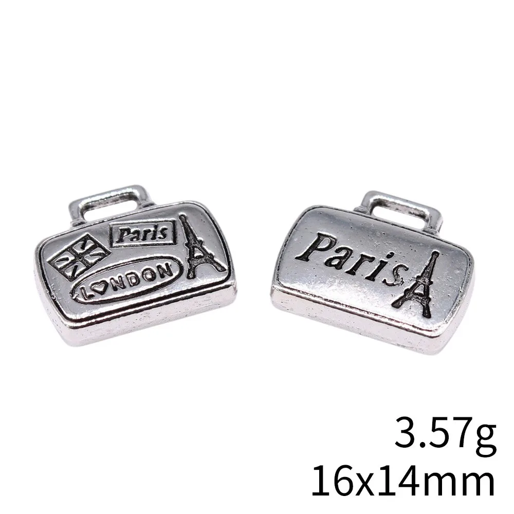 WYSIWYG 5pcs 16x14mm Antique Silver Color Tourist Souvenirs Paris London Luggage Bags Charms Pendant For DIY Jewelry Making