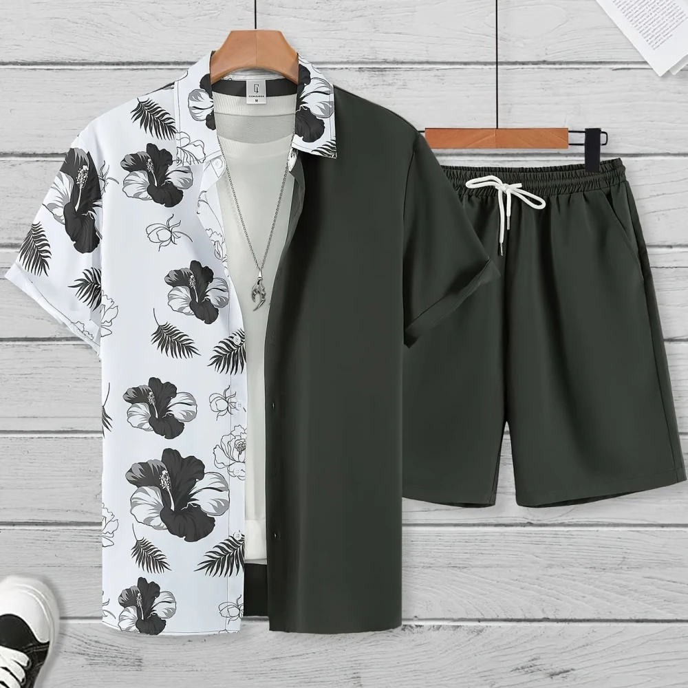 Hawaiian Men's Short Sleeve Seaside Irregular Design Pattern Print Summer Fashion Button-Down Shirt Tops Short Sleeve Shirt