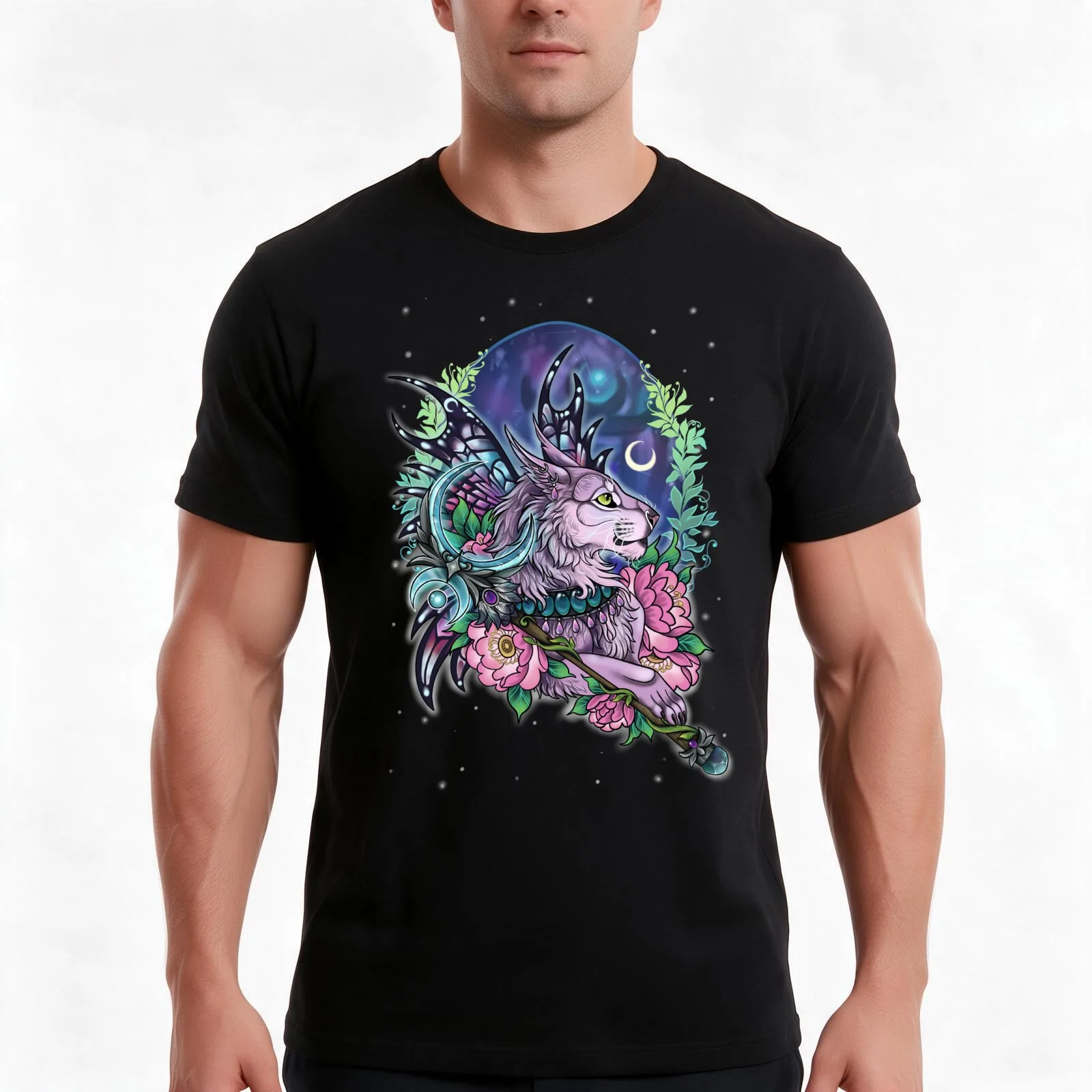 Faerie Queen Night Elf Druid Cat T-Shirt, Summer Casual Cotton Tee, Oversized Streetwear Tops, Vintage Graphic Print