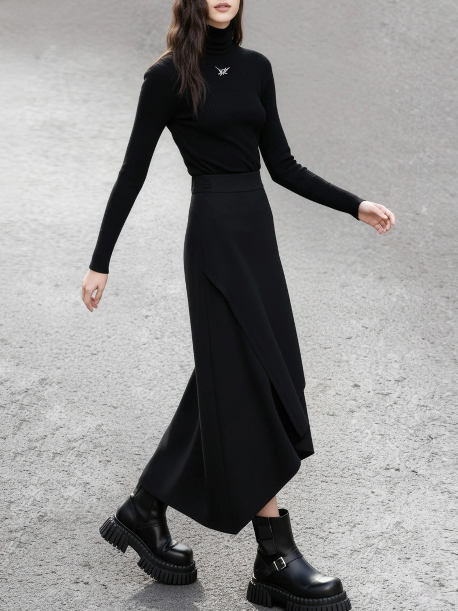 하이웨이스트 언밸런스 밑단 미디 스커트 슬리밍 블랙 하프 스커트 클라우드 브레이드 사이드 지퍼 데일리 여행용 폴리에스터 섬유