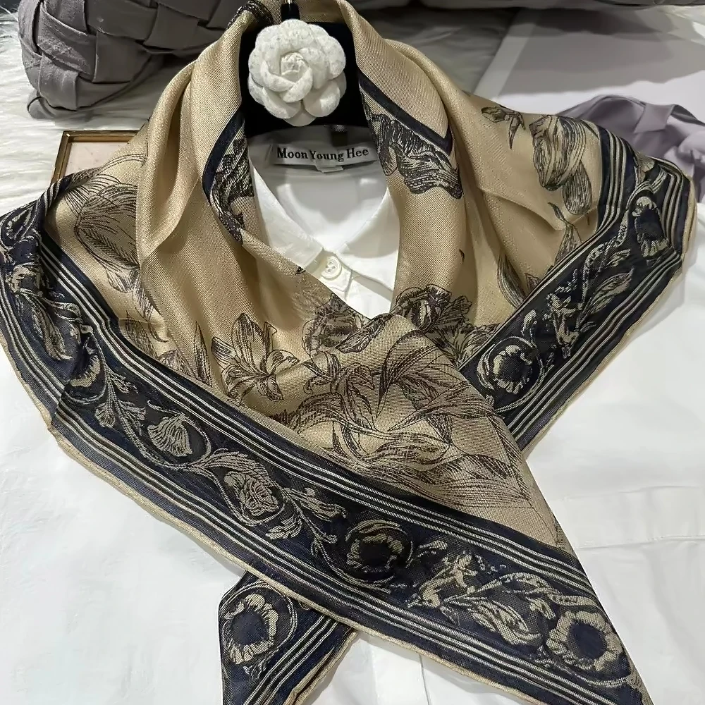 BYSIFA|Khaki Grey 100% Silk Shawl Scarf Fashion Brand Vintage Floral Style Square Scarves Fall Winter Ladies Scarf Hijab Printed