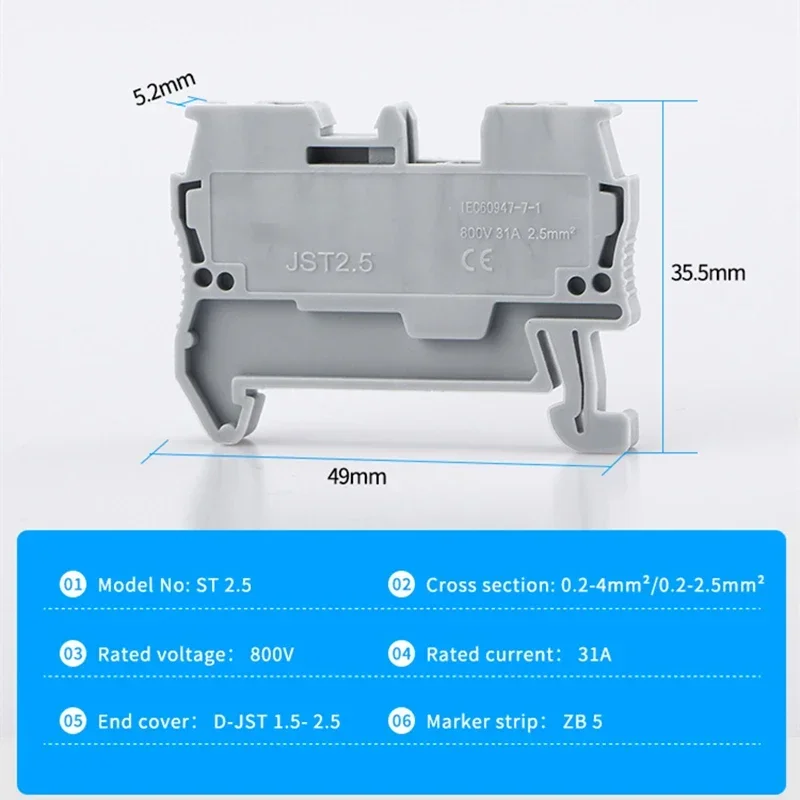 100pcs Spring Din Rail Terminal Block ST-2.5 Connector Return Pull Type Spring Connection Screwless Copper Wire Conductor ST2.5