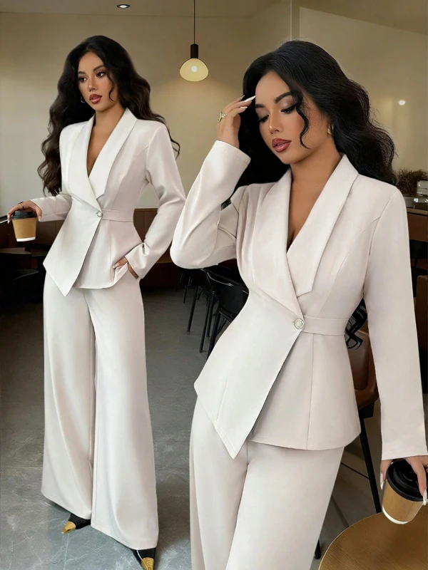 Damen-Wickelblazer-Anzug, zweiteiliges Set, mit Gürtel, V-Ausschnitt, langärmelige Jacke, Hose mit weitem Bein, schmal geschnitten, elegant, formell, für Büro und Partys. – Detail 9