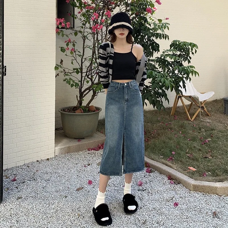 Washed No Stretch Skirt with Straight Cut Sweet Women Skirt for Casual Summer Travel Midi Length Girly Maxi Length Fresh