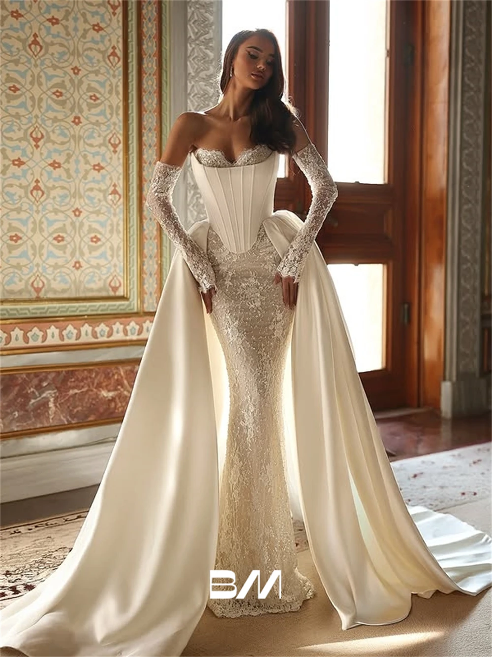 Modernes Spitzen-Brautkleid für Bräute 2026 mit Abnehmbarer Satin-Schleppe, Schicke Lange Brautkleider, Maßgeschneiderte Hochzeitskleider in Übergrößen