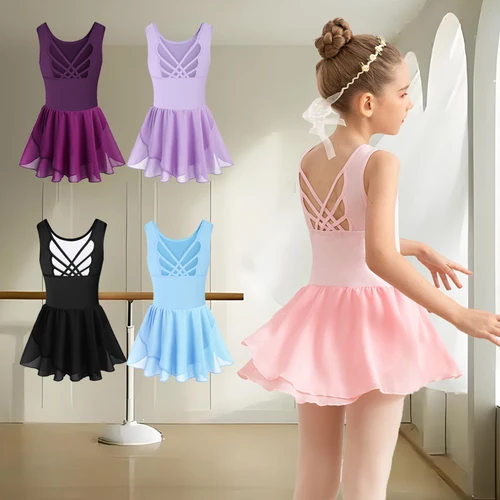 Imagen 1 del producto Leotardos de ballet sin mangas para niñas con falda, vestido de baile para niños pequeños, linda espalda hueca de mariposa