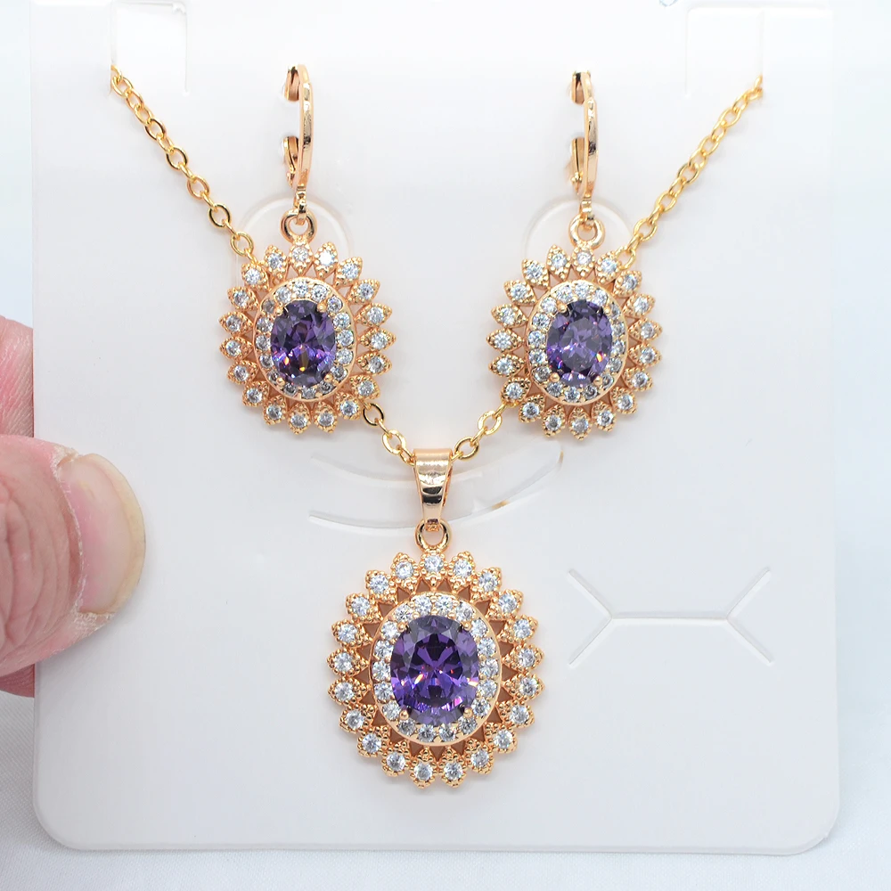 Fashion Gold Color Women Luxury Halo Oval Red Zirconia CZ Earrings & Pendant Wedding Jewelry Set