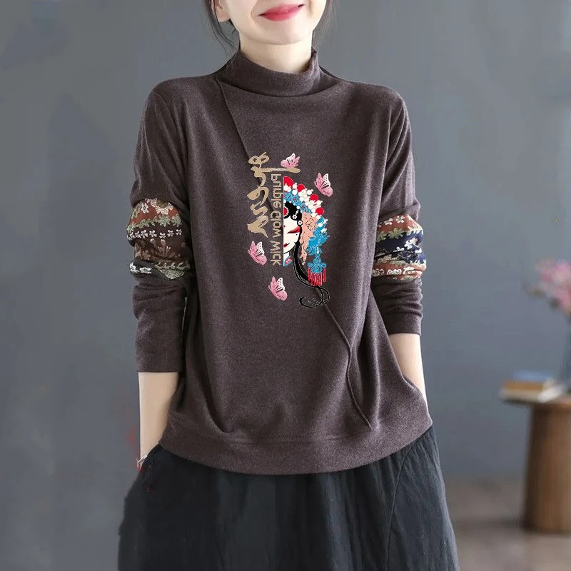 Spring Autumn Winter Long Sleeve Print Patchwork Loose Bottoming Shirt Casual All-match Tops Tees Vintage Fashion Women Clothing