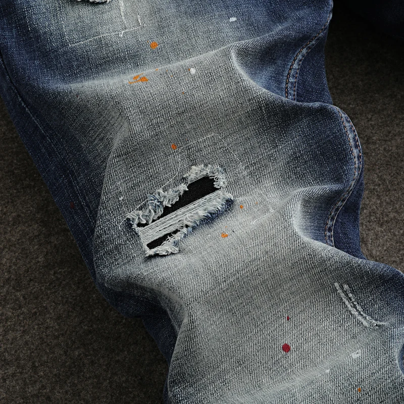 Street Designer Fashion Men Jeans Retro Blue Stretch Slim Fit Painted Ripped Jeans Men Patched Vintage Y2K Denim Pants Hombre