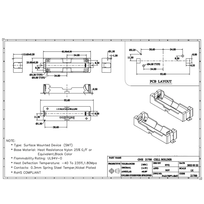 5 Pcs 21700 1-slot Battery Holder SMT Battery Box Storage Box 21700 Battery Case High Quality Battery Accessories