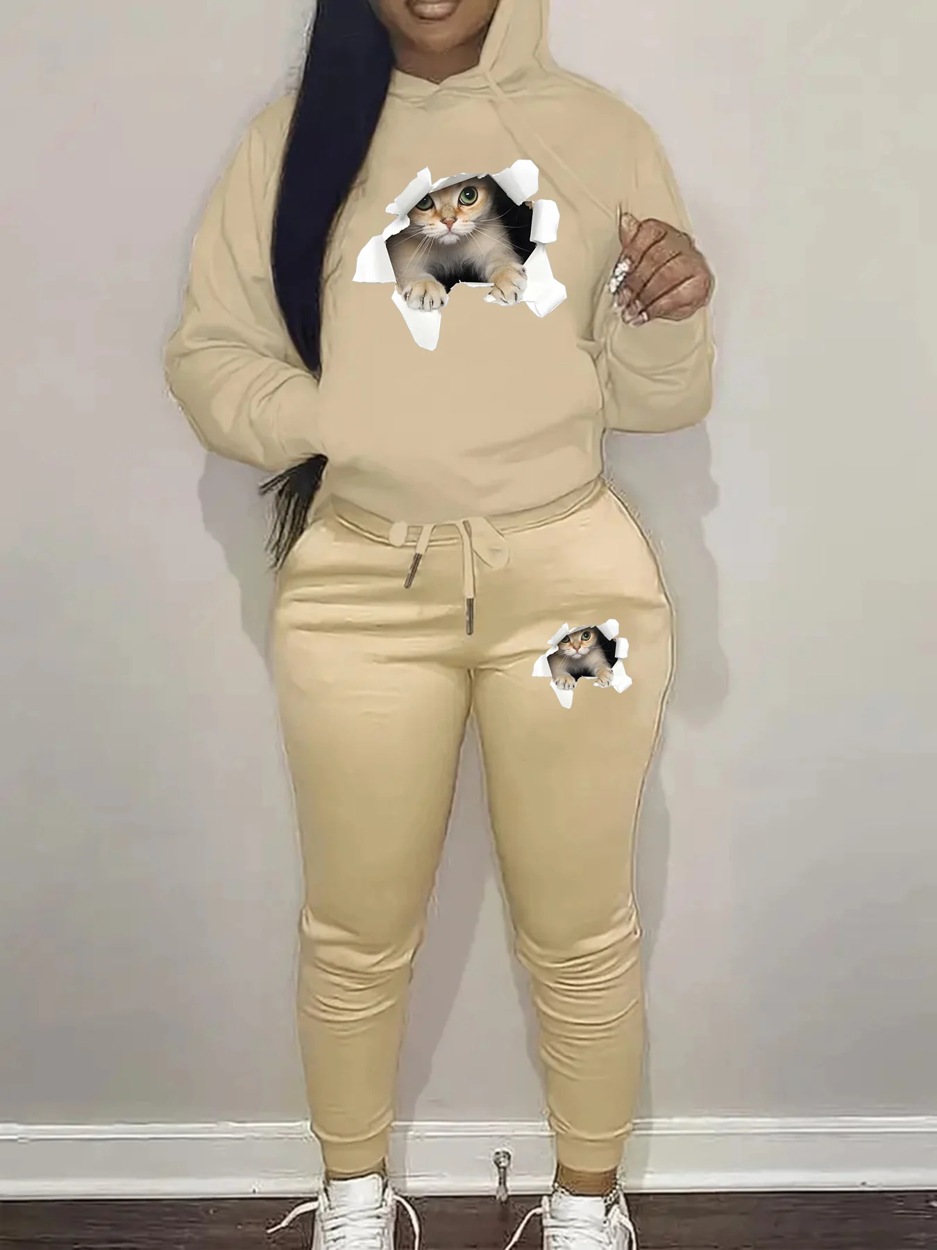 Women's Autumn/Winter Fashion Casual 3D Cat Pattern Printed Thick Warm Hoodie+Sports Pants Set