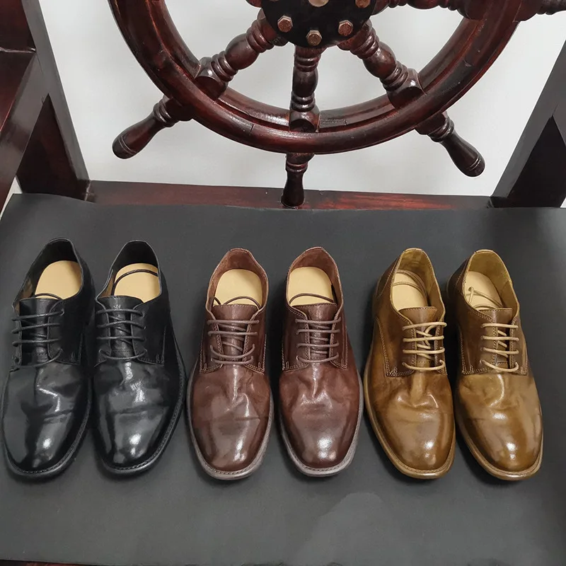 Washed Horse Hide Retro Single Shoes Genuine Leather Square Toe Lace Up Loafers Flat Bottomed Women Outdoor Travel Walking Work
