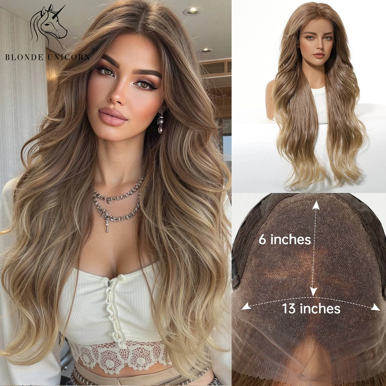 13x6 Lace Front Wig Honey Brown Ombre Long Wavy Center Part Synthetic Heat Resistant Natural Looking for Women Daily Wear Use