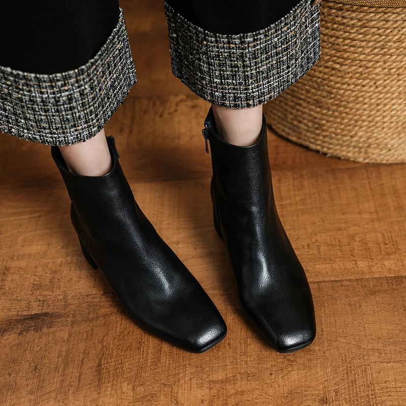

Womens Ankle Boots Cowhide Shoes Autumn Spring Round Toe Side Zippers Ladies Retro Shoes Thick Heel Handmade Vingtage Botas