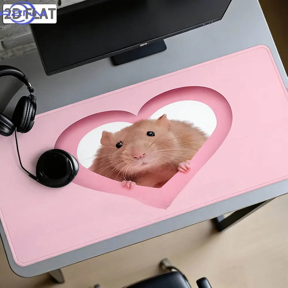 1pc, 2D Planar Printing Cute Light Brown Hamster Heart-Shaped Stitched Edge Mouse Pad, Non-Slip Durable Base with Secure Locked