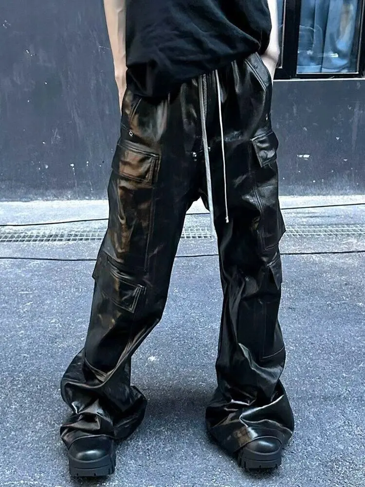 Men Cargo Pants Cool Black Shiny Reflective Pu Leather Wide Leg Pants for Men Drawstring Waist Casual Loose Gothic Men's Trouser