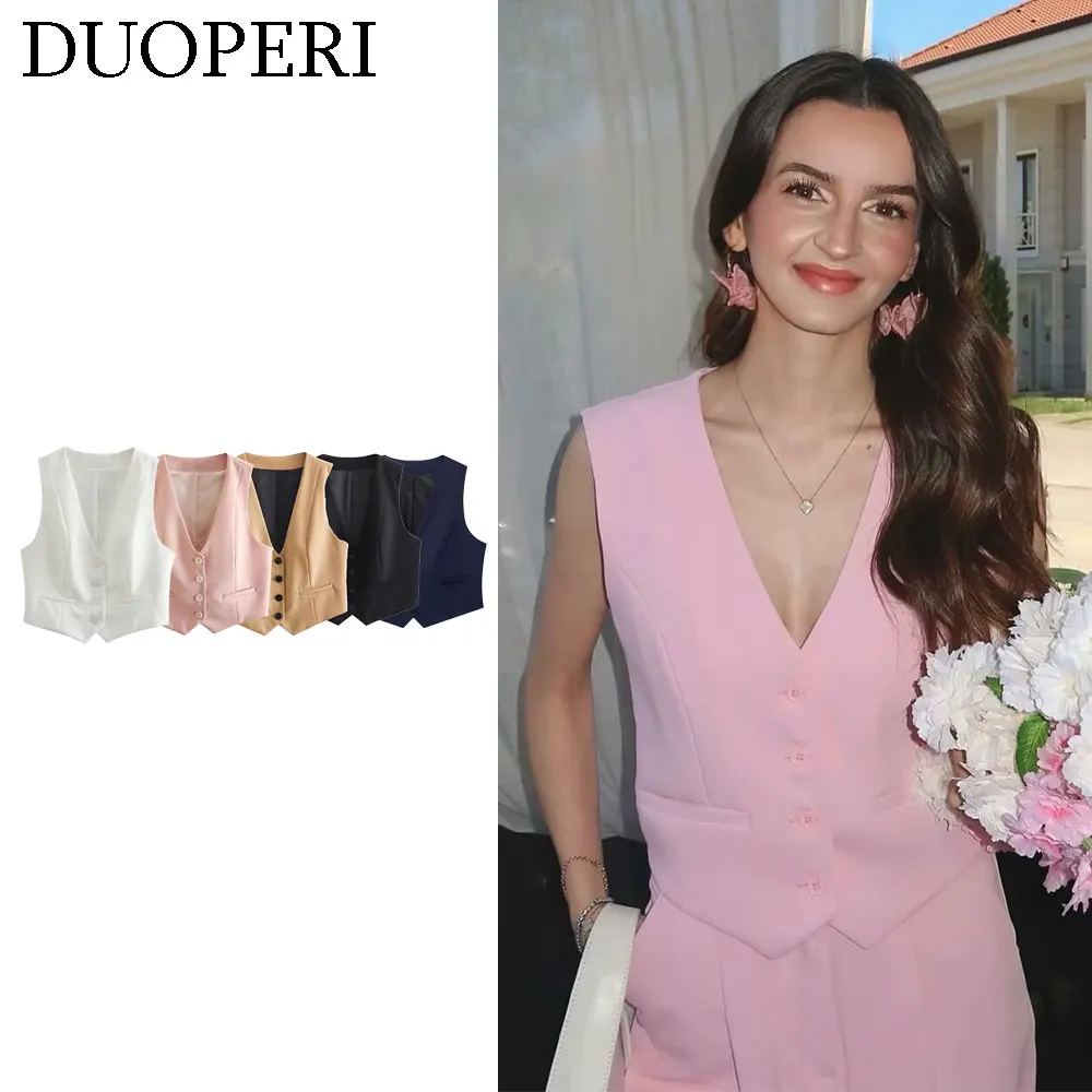 DUOPERI Women Fashion Solid V-Neck Vest Sleeveless Female Chic Office Lady Basic Tops Waistcoat