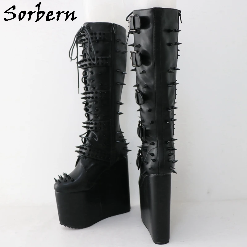 Sorbern Unisex Rivet Punk Knee High Boots Women 16cm Wedge Platform High Heels Buckles Custom Wide Slim Fit Legs