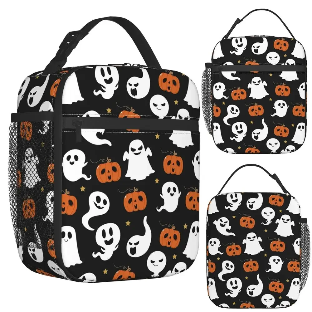 Pumpkin And Ghost Halloween Pattern Insulated Lunch Bag for Women Children Leakproof Food Boxes Thermal Lunch Box Tote
