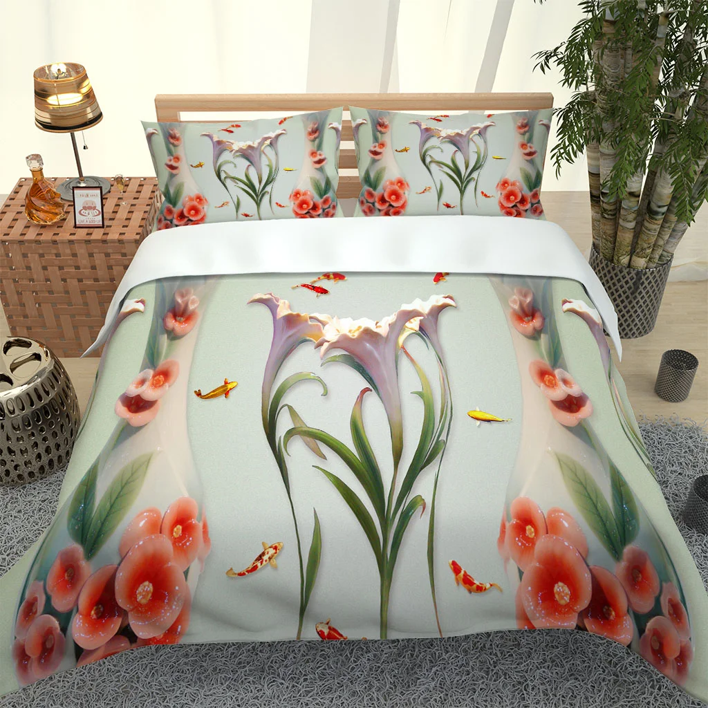 HUANZHUANG King Size Duvet Cover Sets 3D Red Flower Statue Soft Microfiber Quilt Cover With Zipper Closure Printed Bedding