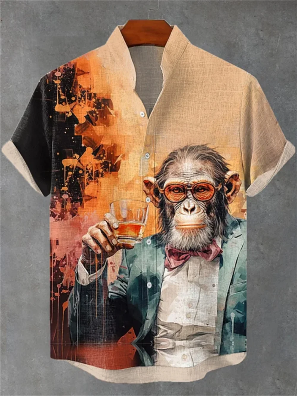 

Men's Fashionable Animal Printed Stand up Collar Short Sleeve Linen Shirt Outdoor Clothing New Product