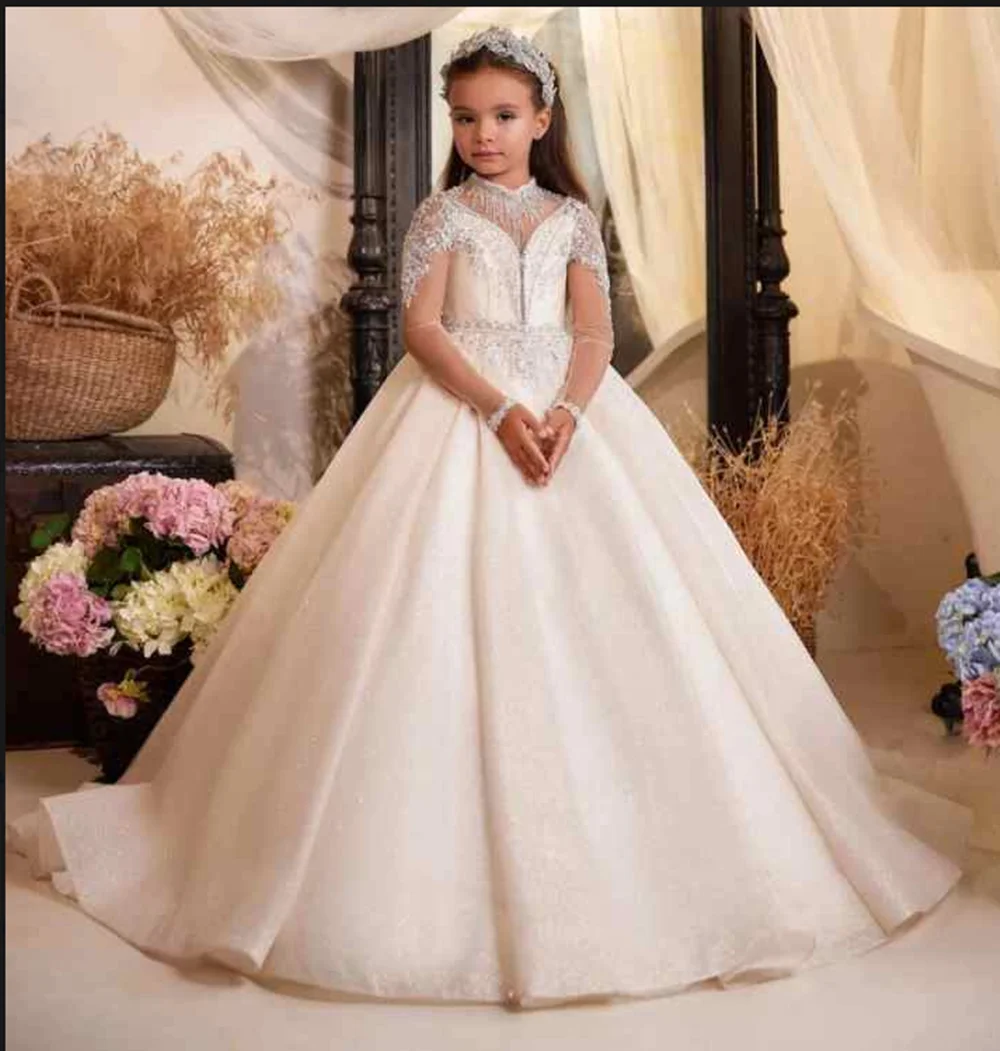 Abiti da ragazza di fiori per matrimoni Appliques di Tulle abito da ballo abiti da spettacolo per bambini abiti da prima comunione di compleanno