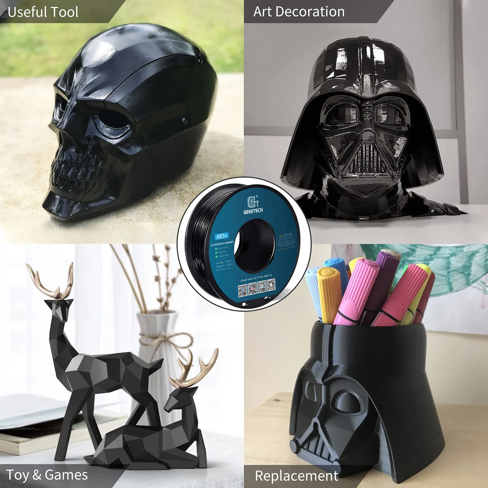 Filament Geeetech ABS+ 3D 1.75mm 1KG, plastik do drukarek 3D, bez plątania, nietoksyczny, pakowany próżniowo, biały, czarny — zdjęcie produktu 4