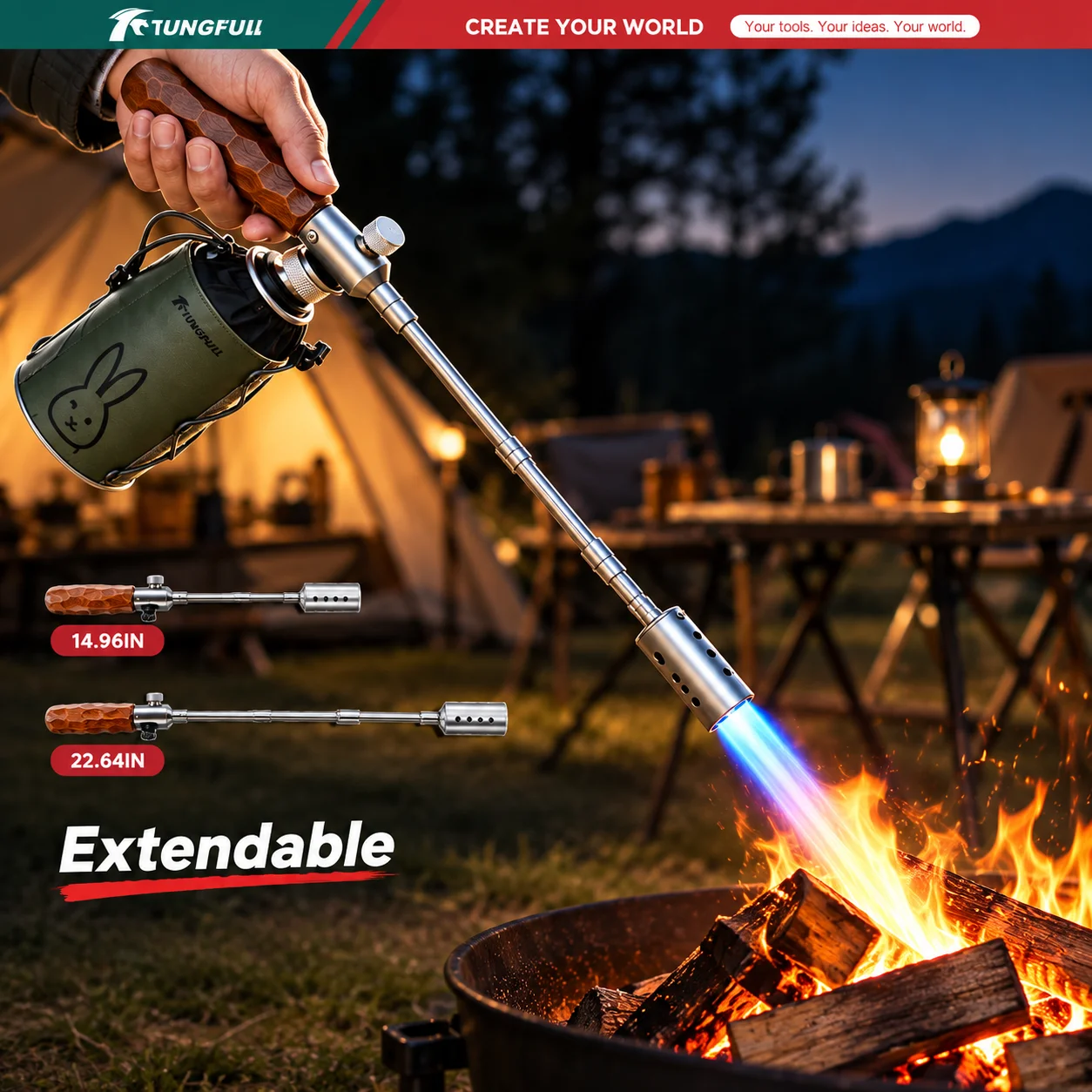 TUNGFULL Long Reach Butane Torch Lighter Extendable Gas Torch Adjustable Flame Igniter for BBQ Camping Charcoal Fireplace Grill
