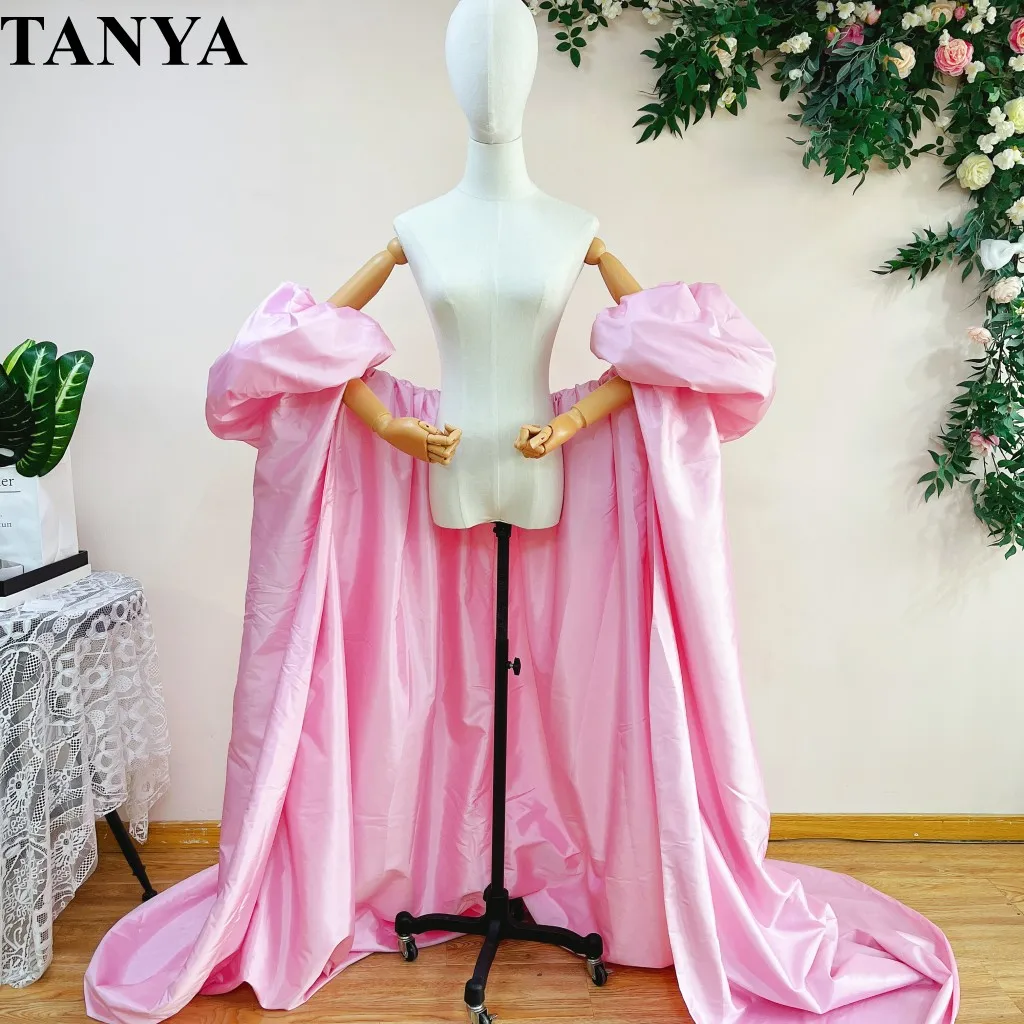 Pink Taffeta Fashion Party Cape Rufflued Back Puffy Sleeves Long Jacket Lady Wraps 2M Length Cover Up Bridal Cloak Accessories