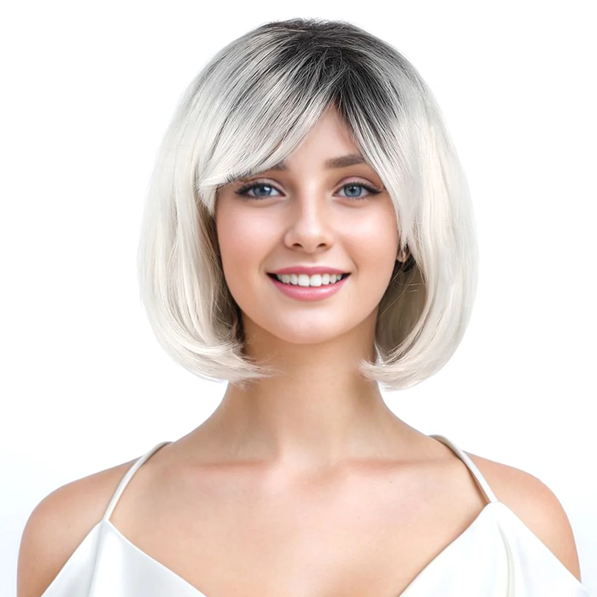 Wig for women, new style, internet celebrity, short haircut, slanted bangs, silver gradient-Synthetic fiber wig