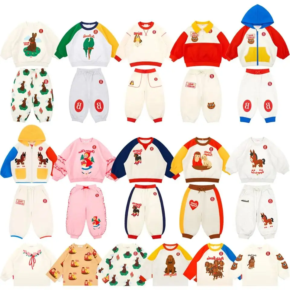 Children Clothes Fall Winter Boys Girl Block Cartoon Print Long Sleeve Top Pants 2Pcs Set Korean Style Casual Outfit 26 Designs