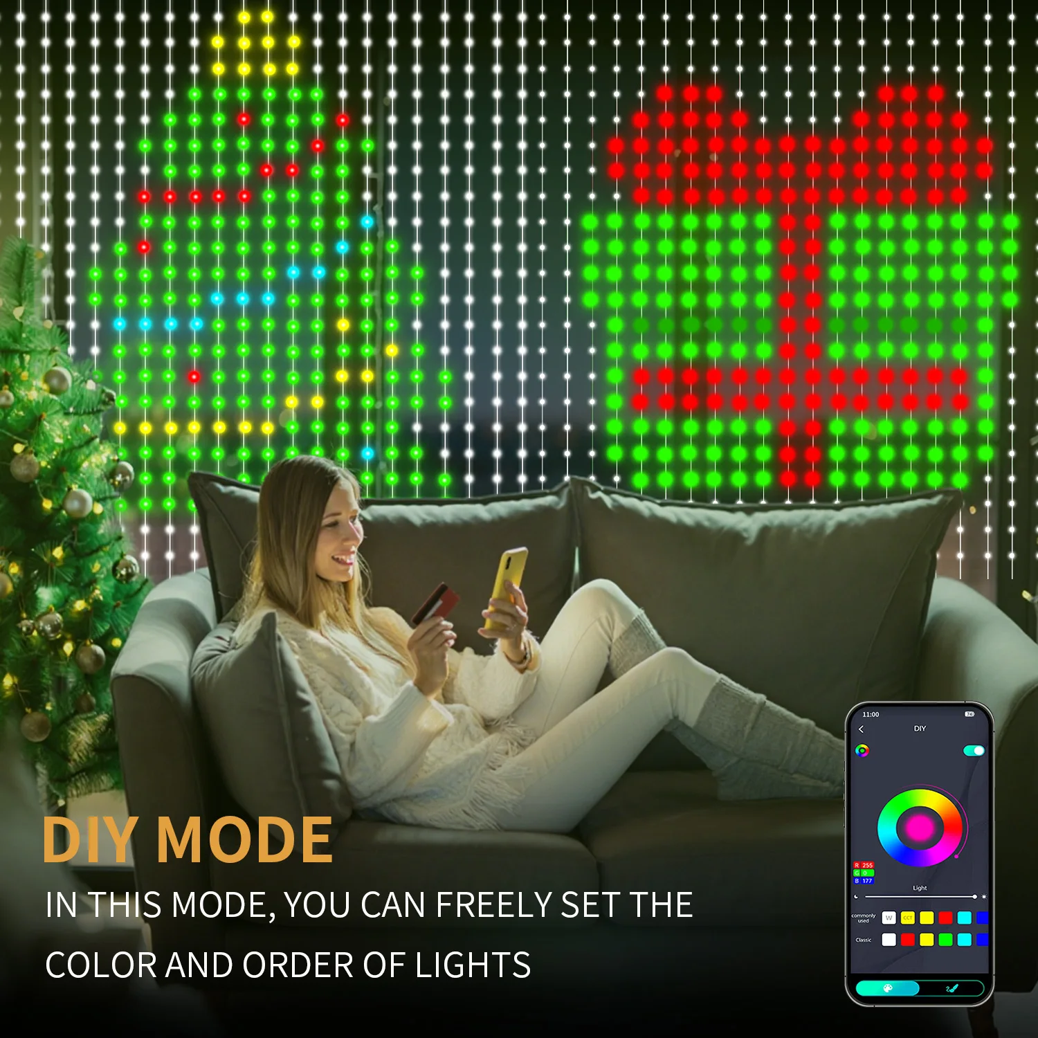 Pattern LED Light with APP Control -400-LED,USB Powered Music-Synced RGB Lights,DIY Smart Curtain Lights|