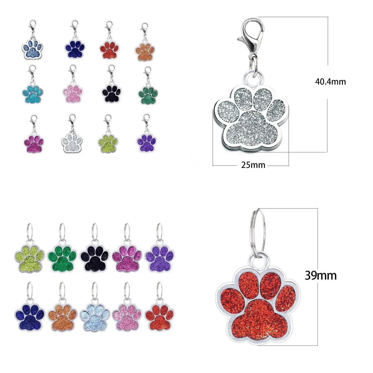 10pcs/lot 25x27mm Colors Bling Bear Dog Paw Pendant Charm Glitter Pet Dog Footprint hang charms Fit For DIY Keychains Pet Collar