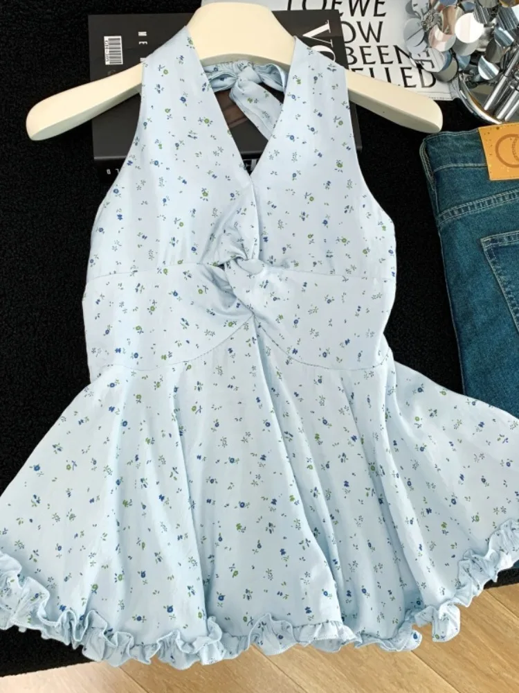 

Summer Pure Desire Floral Print Knot Design Halter Top Women's Slimming Waist T-Shirt Sleeveless Korean Style Sweet Style