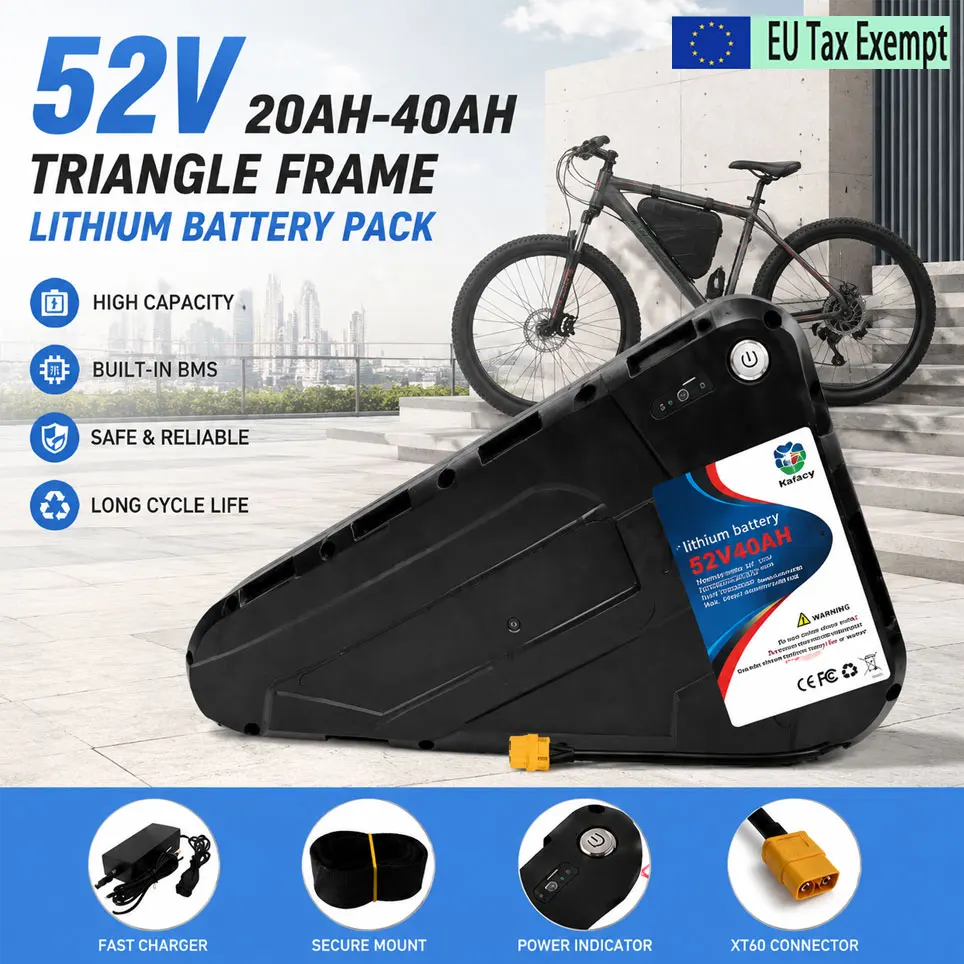 52V 20‑40AH driehoekige e-bike accu, waterdichte harde behuizing, grote capaciteit, sterke kracht, compatibel met 350W 500W 750W 1000W motor,