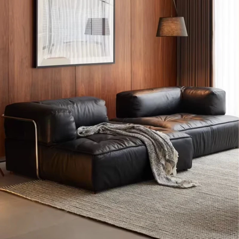 Nordic medium modular design black microfiber leather L-shaped sofa set large flat corner tofu block