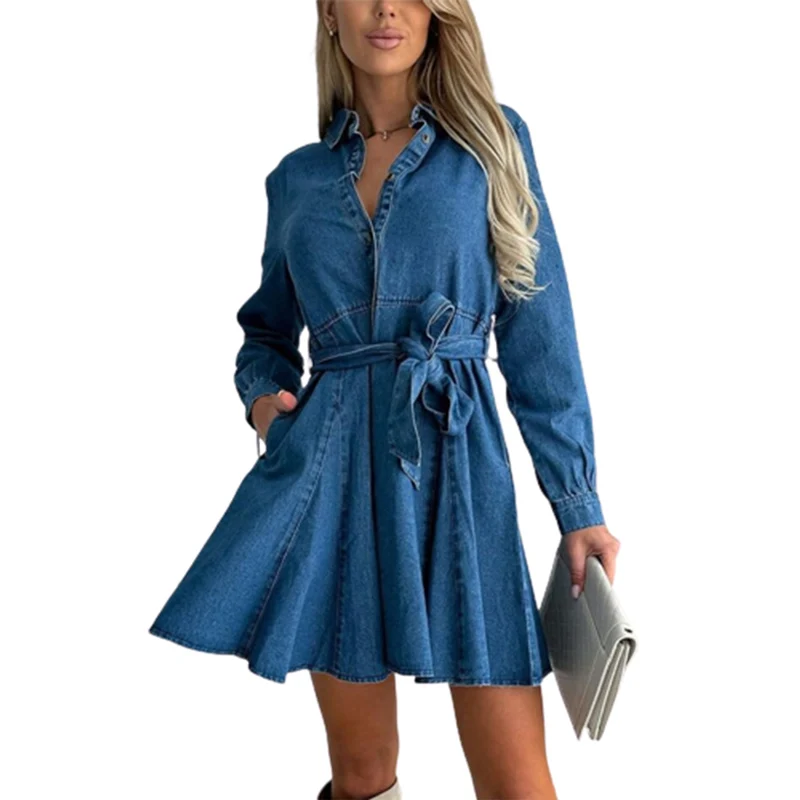 Fashion Shrink Waist Button Placket Denim Dresses Women Lace-up Belts Lapel Dressy Female Autumn Long Sleeve Casual Pleated Gown