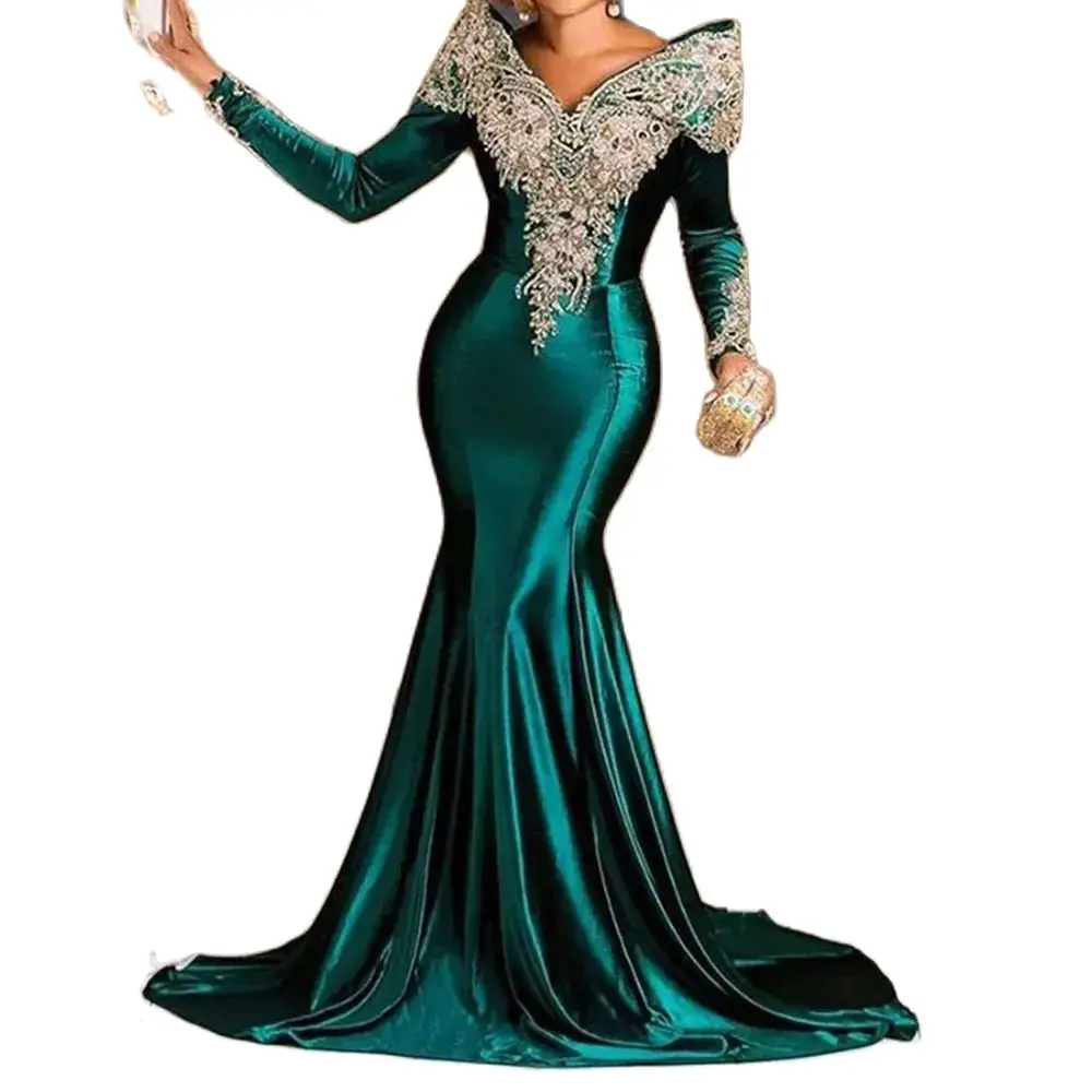 Ciemnozielone suknie wieczorowe z aplikacjami z koronki, z odkrytymi ramionami, eleganckie, z długimi rękawami, syrenka, satynowa suknia balowa, damska odzież formalna.