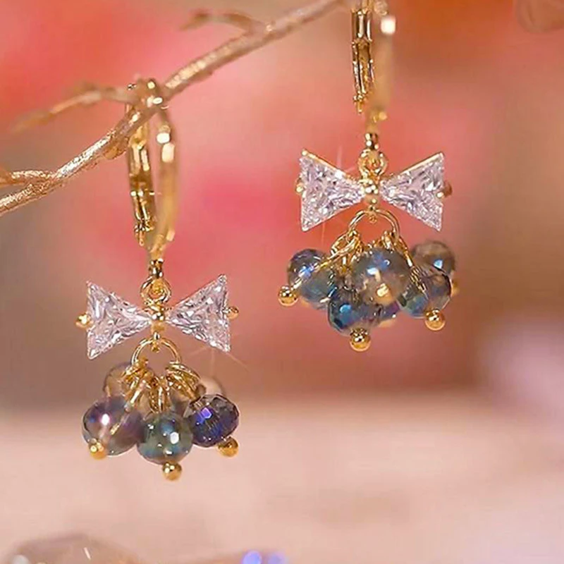 Colorful Crystal Small Circle Pendant Zircon Bow Gold Color Earrings for Women Unique Design Light Luxury Exquisite Girl Jewelry