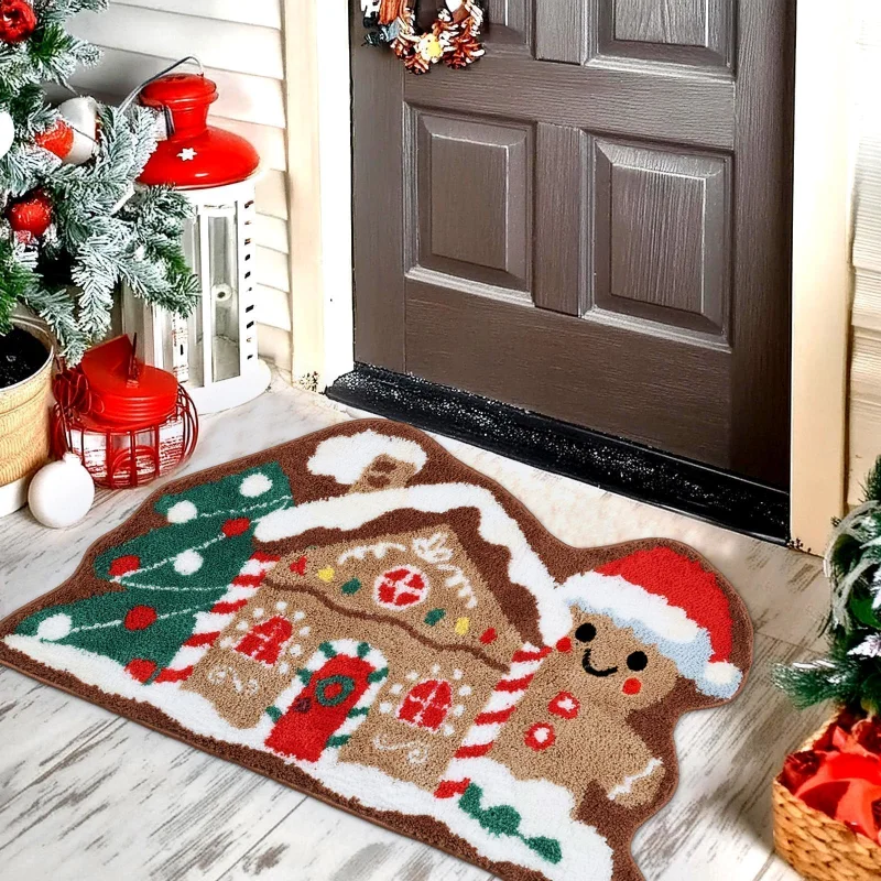 VIKAMA Water-Absorbent Xmas Door Mat, Gingerbread House Entryway Rug, Non-Slip Washable Welcome Mat, Plush Holiday Home Decor