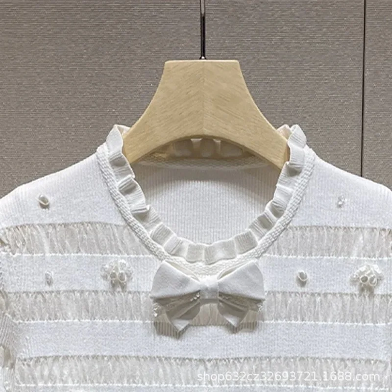 2025 Summer New White Bead bow Knitted Short-sleeve Tshirt Top Fashion Casual Versatile Women's High-end Elastic KnitwearT-shirt